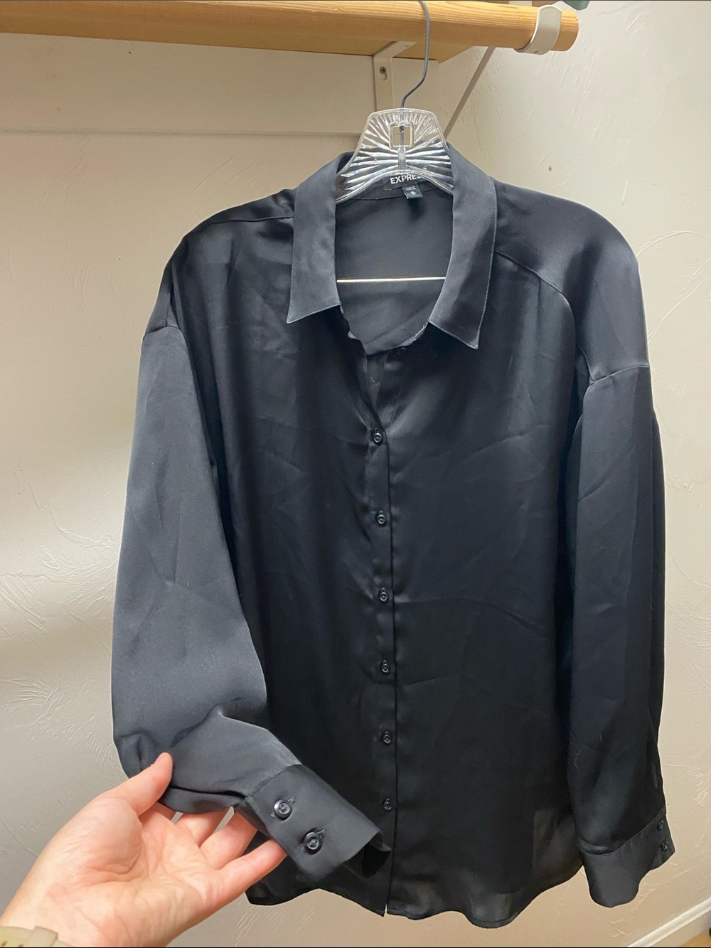 Express Men's Black Satin-Look Button-Up Shirt